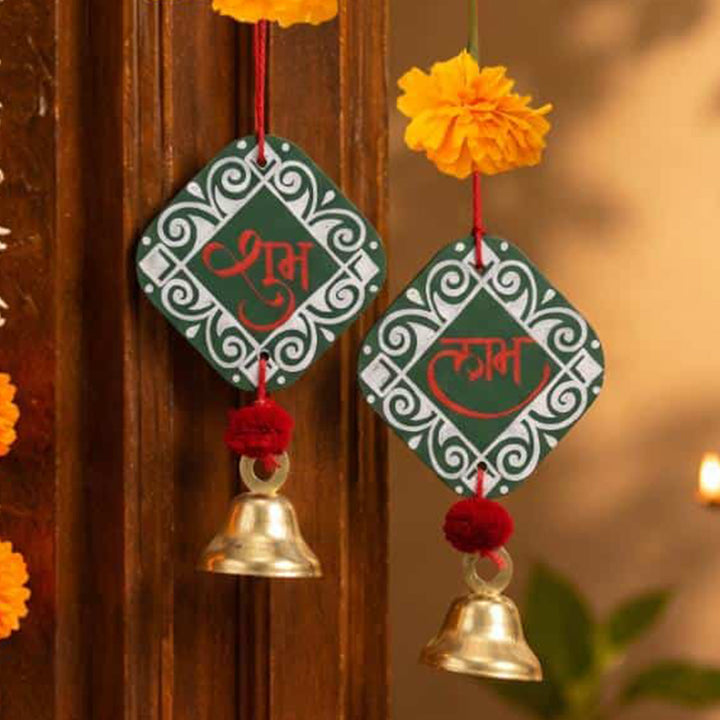 2 Pc | Handcrafted Shubh Labh MDF Door Hangings With Bells & Pom-Poms