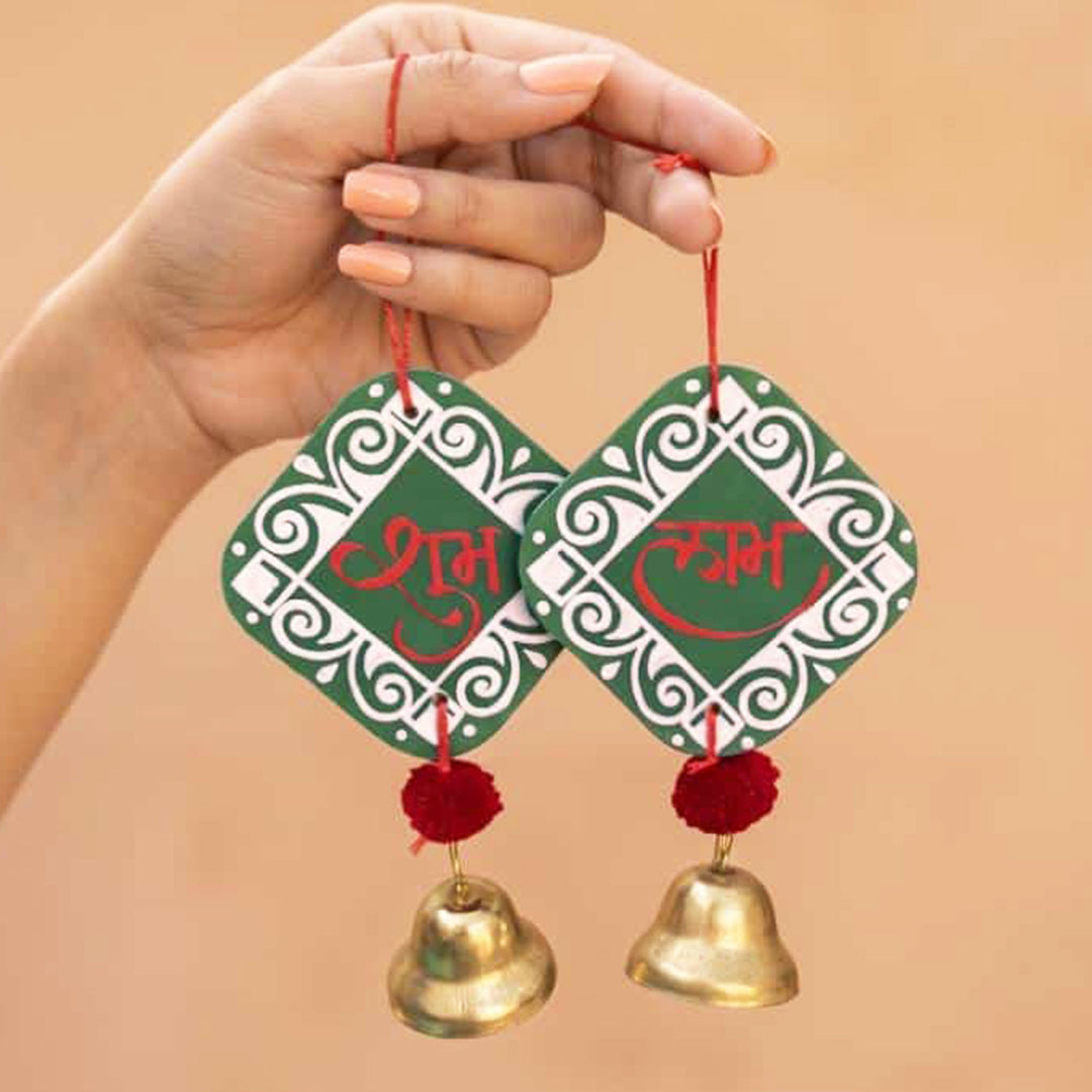 2 Pc | Handcrafted Shubh Labh MDF Door Hangings With Bells & Pom-Poms