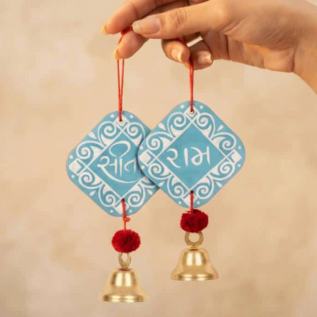 2 Pc | Handcrafted Sita Ram MDF Door Hangings With Bells & Pom-Poms