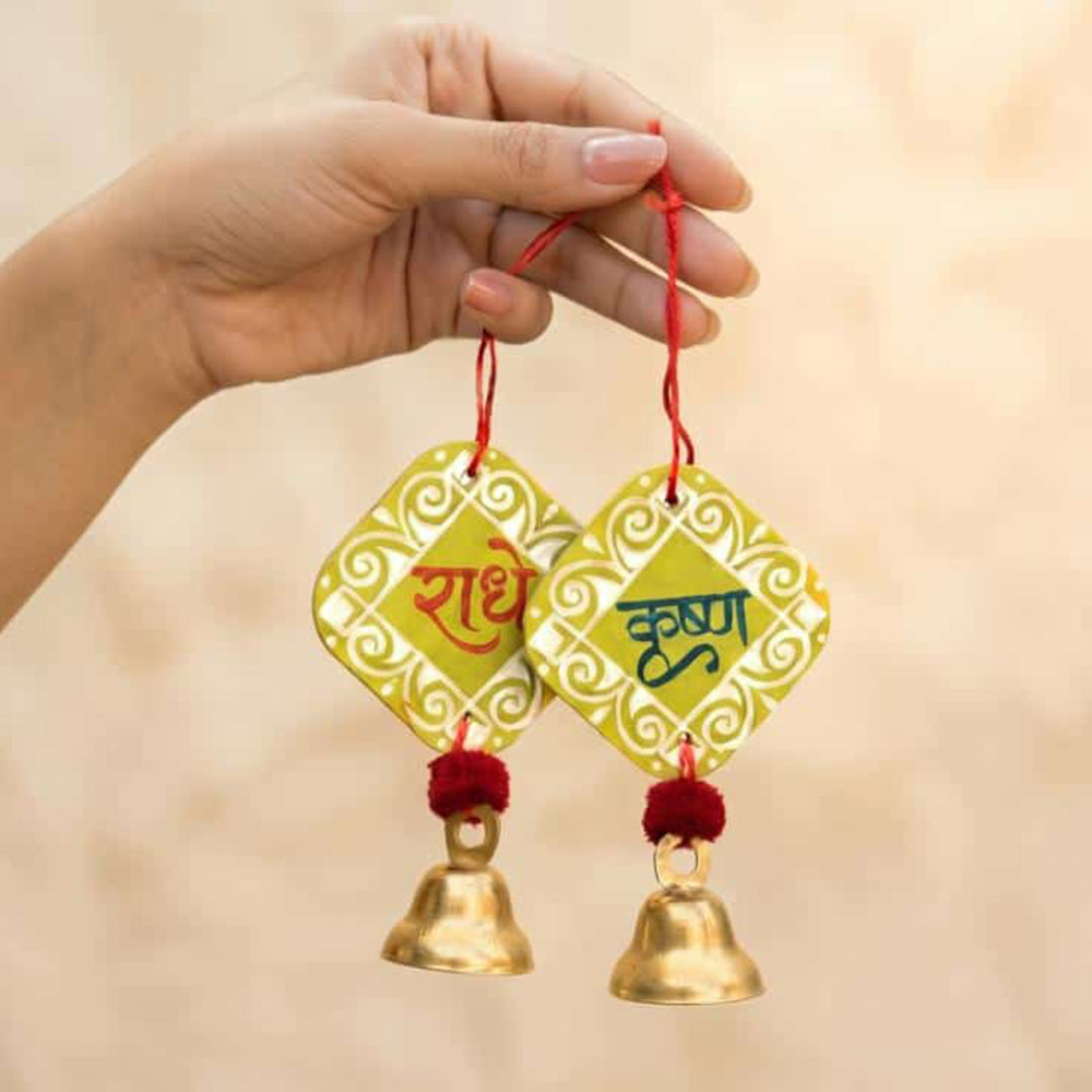 2 Pc | Handcrafted Radhe Krishna MDF Door Hangings With Bells & Pom-Poms