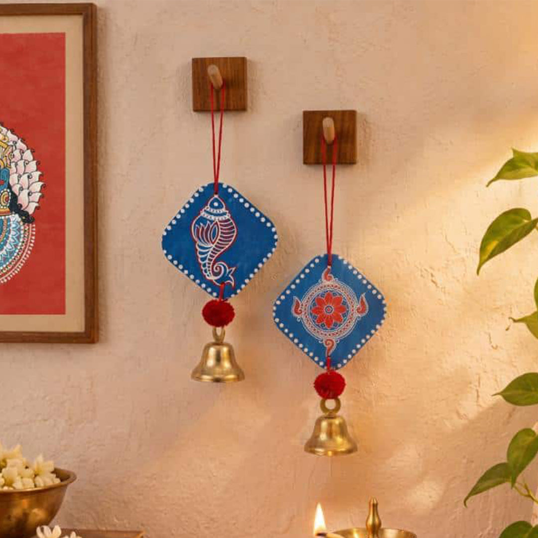 2 Pc | Handcrafted Shankh Pushp MDF Door Hangings With Bells & Pom-Poms