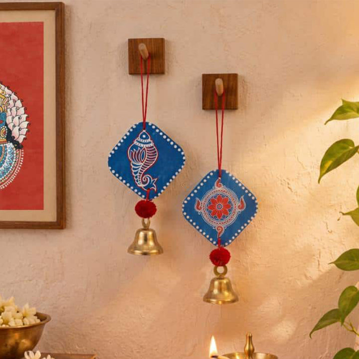 2 Pc | Handcrafted Shankh Pushp MDF Door Hangings With Bells & Pom-Poms