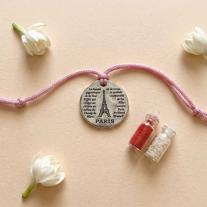 Engraved "Love Paris" Quote Metal Charm Rakhi With Roli Chawal for Brother