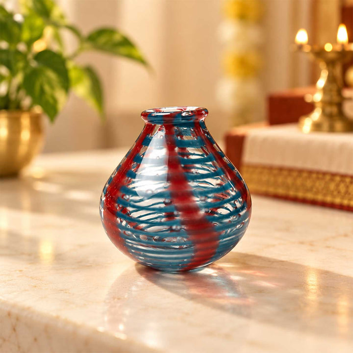 Handmade Red & Blue Stripe Small Glass Art Vase For Home Decor