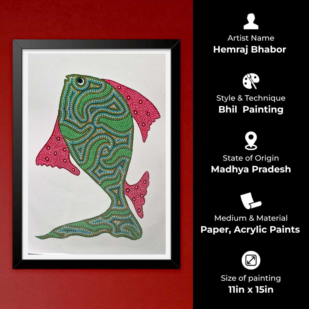 11 x 15 Inch | Green Fish | Original Hand Painted Bhill Painting | Acrylic Paints On Paper