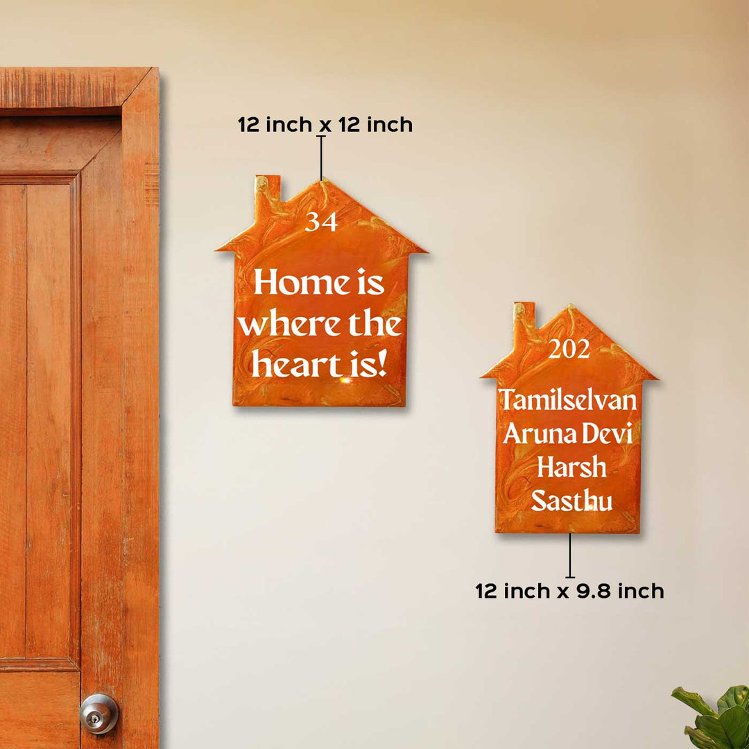 Orange & Gold Minimal Personalized Marble Effect House Shape Resin Name Plate | With 3D Acrylic Letters