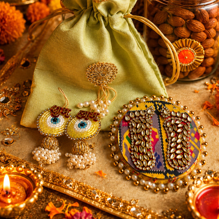 Rangoli Multicolour Jute Basket Diwali Gift Hamper With Matka Soy Wax Candle And Shubh Labh Potli For Festive Gifting
