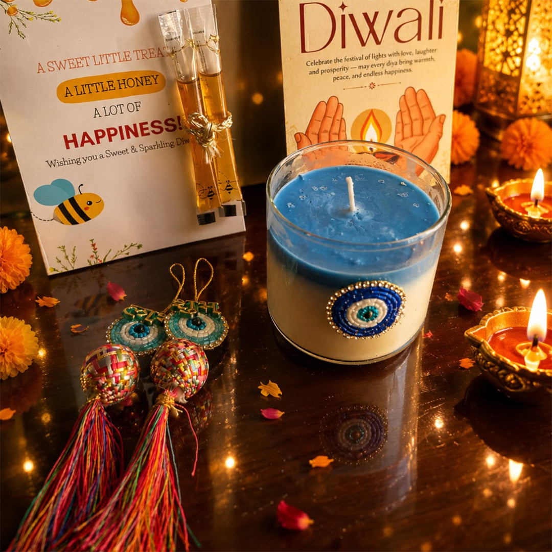 Nazar Halo Evil Eye Round Soy Wax Scented Candle Diwali Gift Hamper With Shubh Labh For Festive Gifting