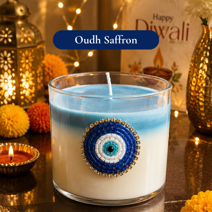 Nazar Halo Evil Eye Round Soy Wax Scented Candle Diwali Gift Hamper With Shubh Labh For Festive Gifting