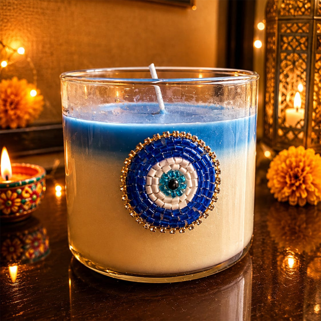 Nazar Halo Evil Eye Round Soy Wax Scented Candle Diwali Gift Hamper With Shubh Labh For Festive Gifting
