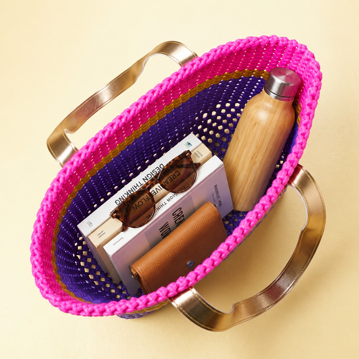 "Utsav" Pink And Purple Stripes Handmade Wire Koodai Tote Bag With Royal Elephant Zardosi Charm