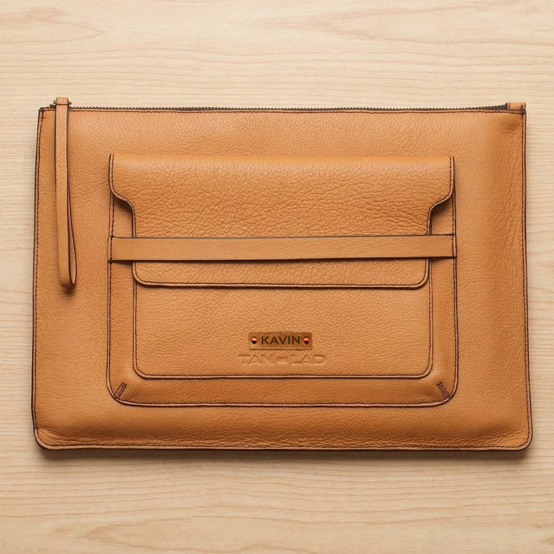 Personalized Orange Gabby Leather Laptop Sleeve