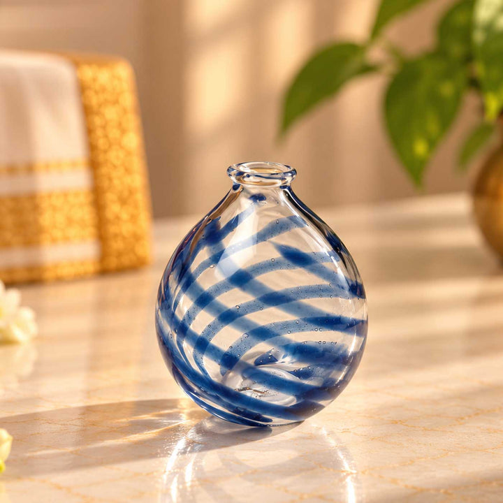 Handmade Blue Spiral Swirl Small Glass Art Vase For Home Decor
