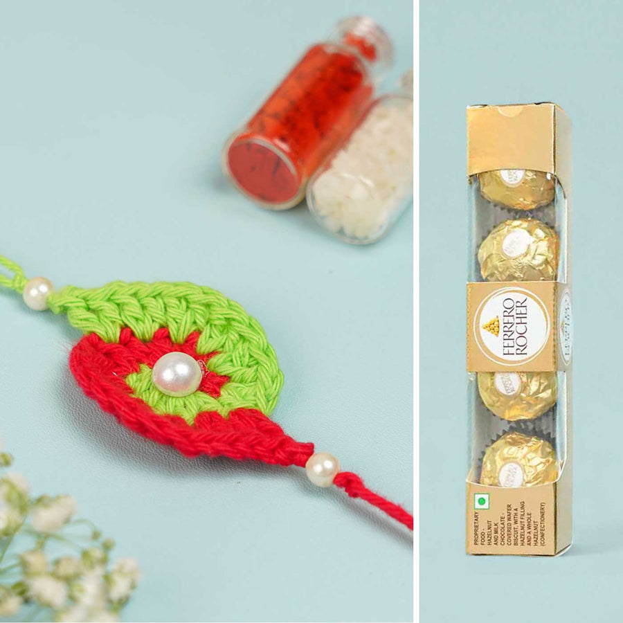 Customized Handmade Crochet Spiral Rakhi With Roli Chawal For Brother - Front View with Chocolate Packaging