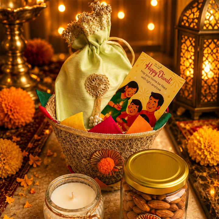 Rangoli Multicolour Jute Basket Diwali Gift Hamper With Matka Soy Wax Candle And Shubh Labh Potli For Festive Gifting
