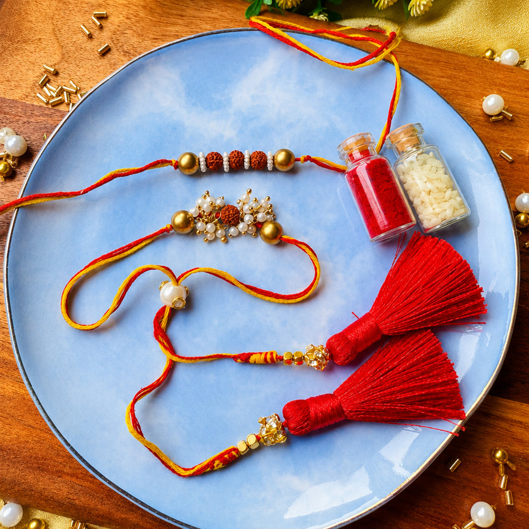 Handmade Rudraksha Pearl Rakhi With Lumba With Roli Chawal For Bhaiya Bhabhi | Set Of 2
