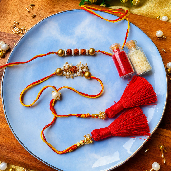 Handmade Rudraksha Pearl Rakhi With Lumba With Roli Chawal For Bhaiya Bhabhi | Set Of 2