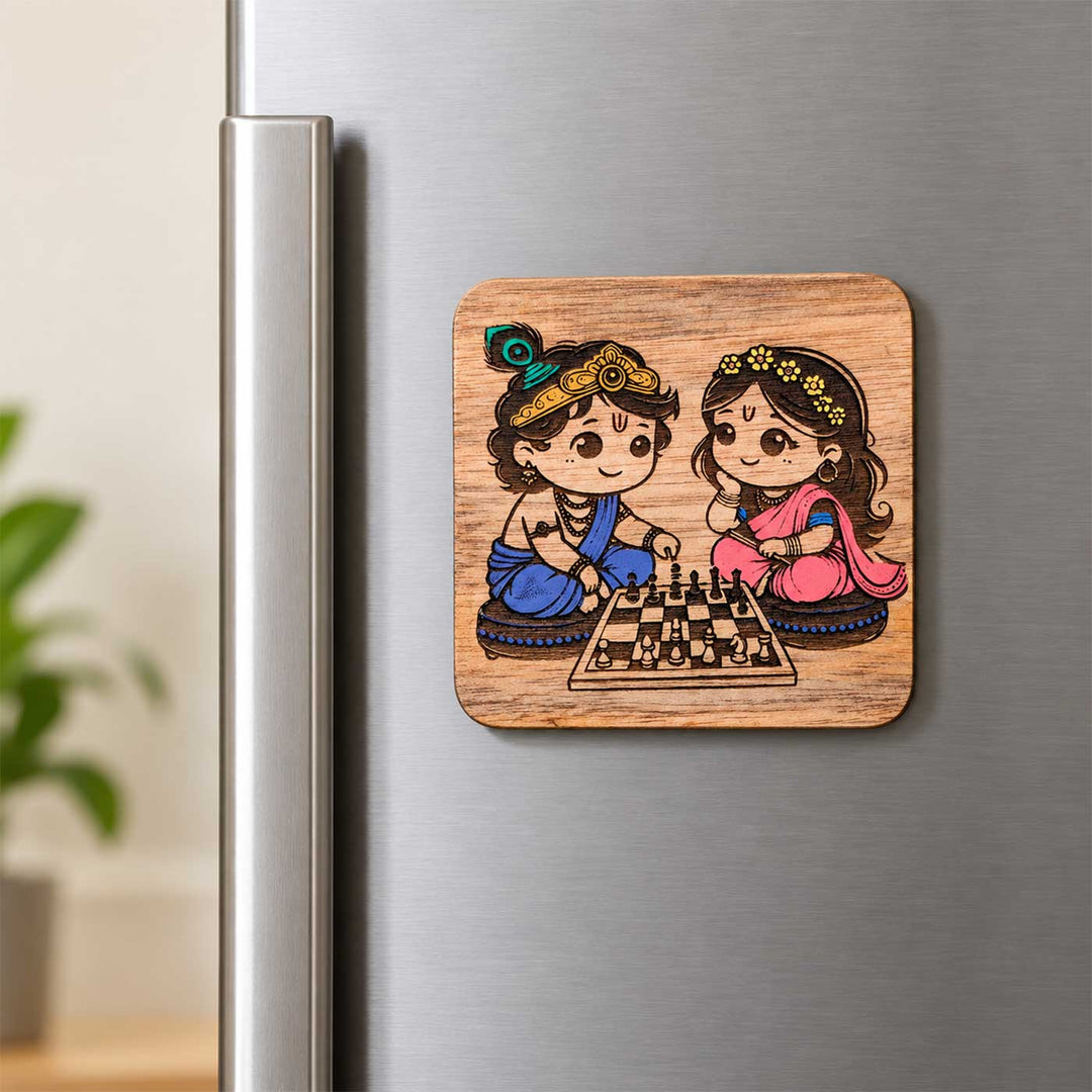 Engraved & Hand-Painted Krishna Radha Playing Chess Mahogany Wood Fridge Magnet