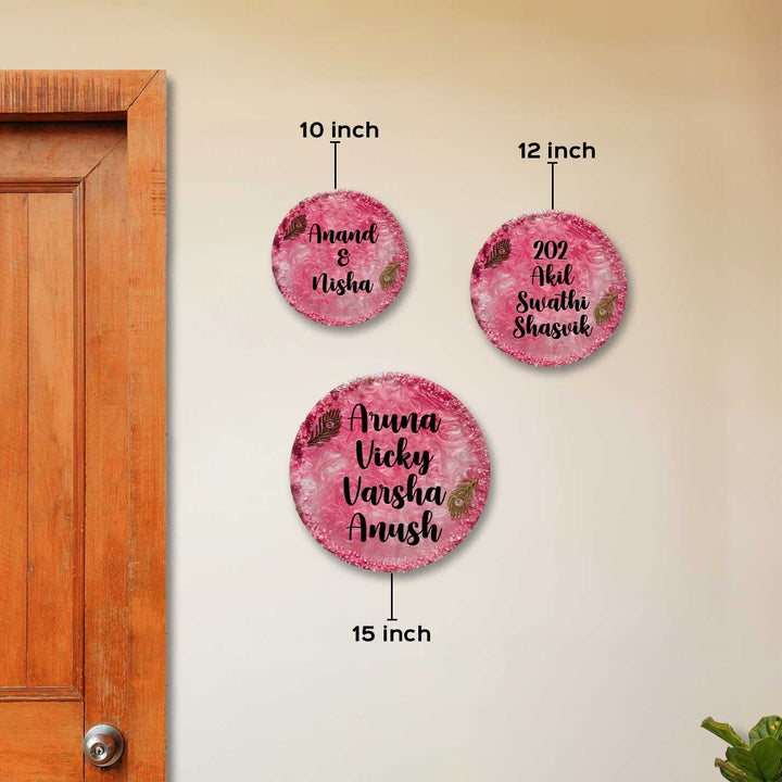 Pink Personalized Marble Effect Round Resin Name Plate | With 3D Acrylic Letters & Pink Stone Embellishment
