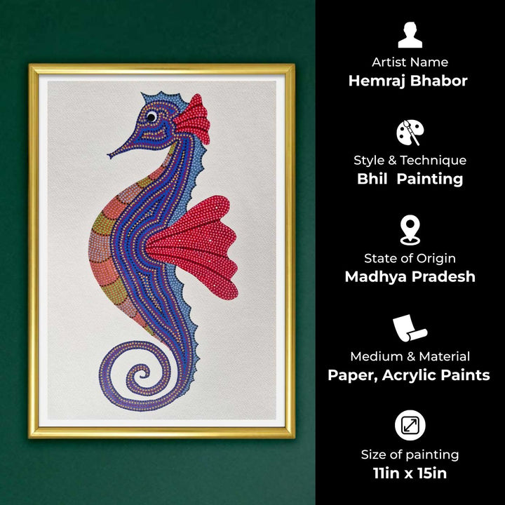 11 x 15 Inch | Sea Horse in Dots | Original Hand Painted Bhill Painting | Acrylic Paints On Paper