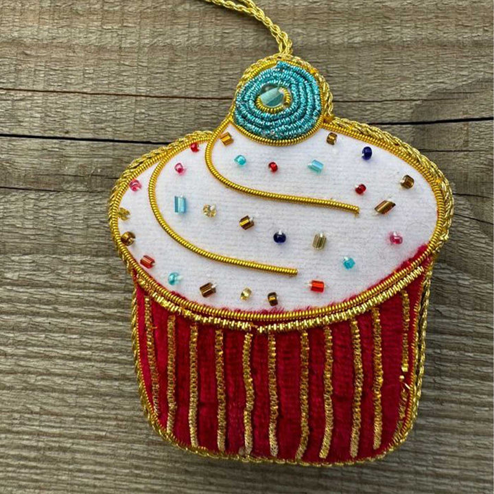 White Big Cupcake Cotton Premium Zardozi Ornament