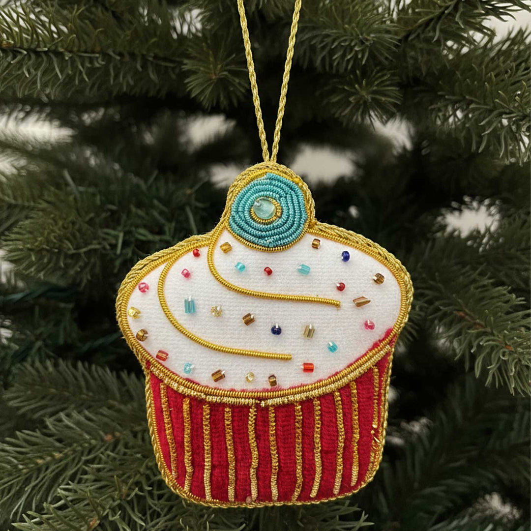 White Big Cupcake Cotton Premium Zardozi Ornament