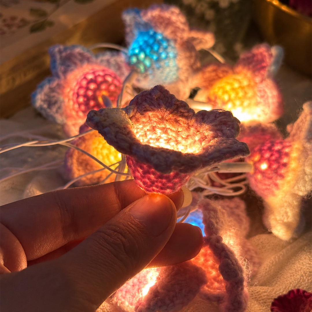 Handmade Champa Crochet Flower Wool LED Fairy Light For Festive Decor - Pink