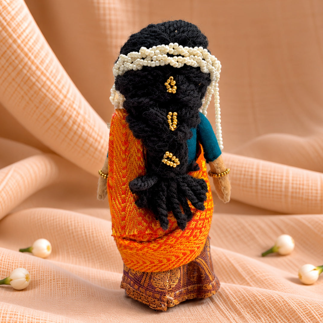 "Nandini" Handmade Felt & Fabric Golu Doll In Half Saree With Gajra For Festive Decor