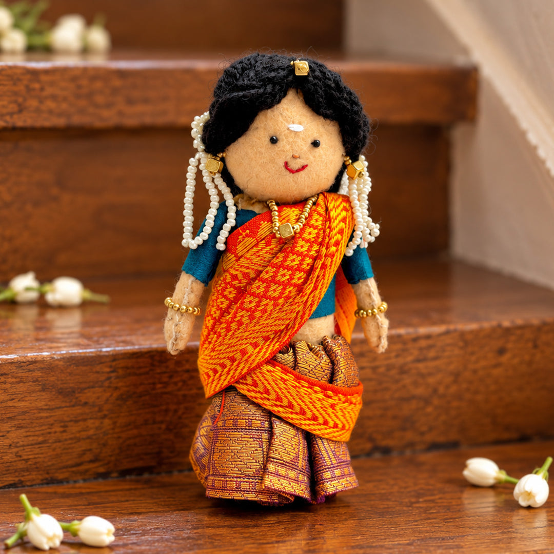 "Nandini" Handmade Felt & Fabric Golu Doll In Half Saree With Gajra For Festive Decor