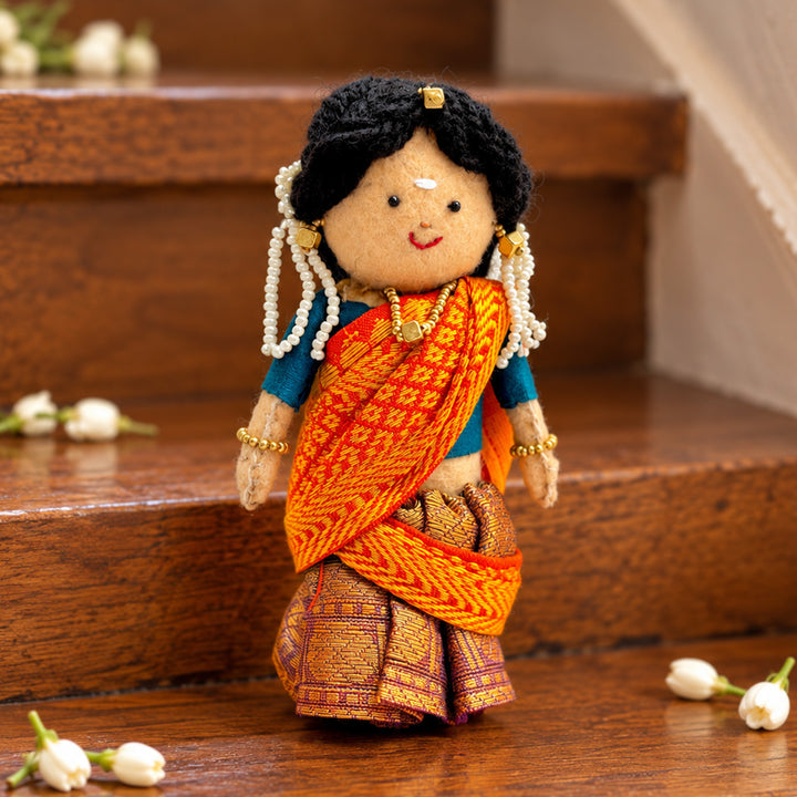 "Nandini" Handmade Felt & Fabric Golu Doll In Half Saree With Gajra For Festive Decor