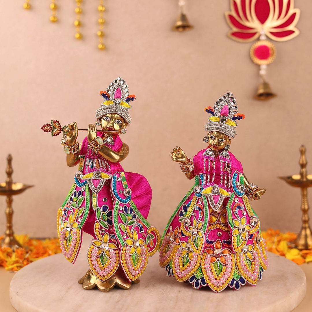 Hand Embroidered Zardozi Flower Design Art Silk Radha & Krishna Poshak (Dress)