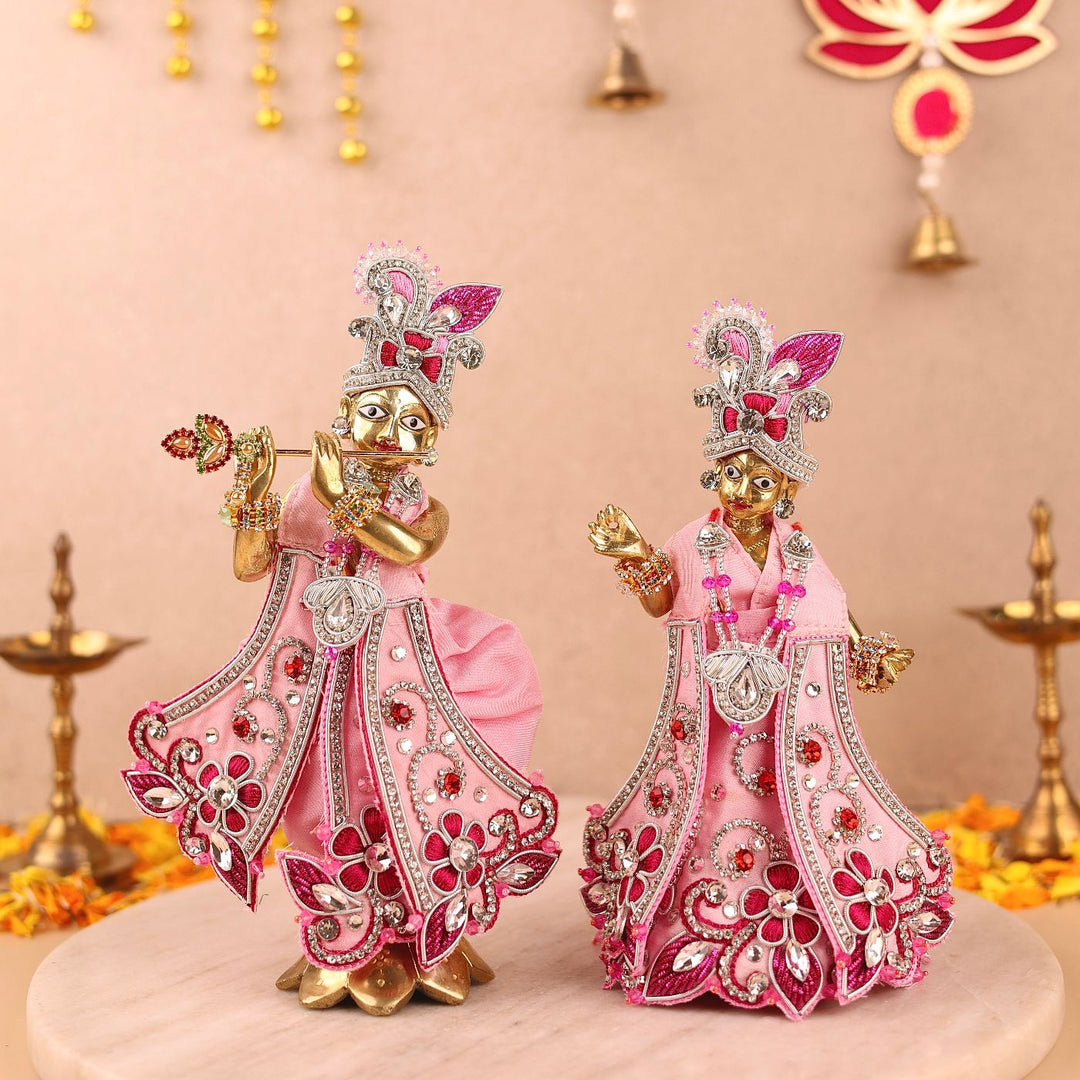 Hand Embroidered Zardozi Vrindavan Phool Bangla Inspired Art Silk Radha & Krishna Poshak (Dress)