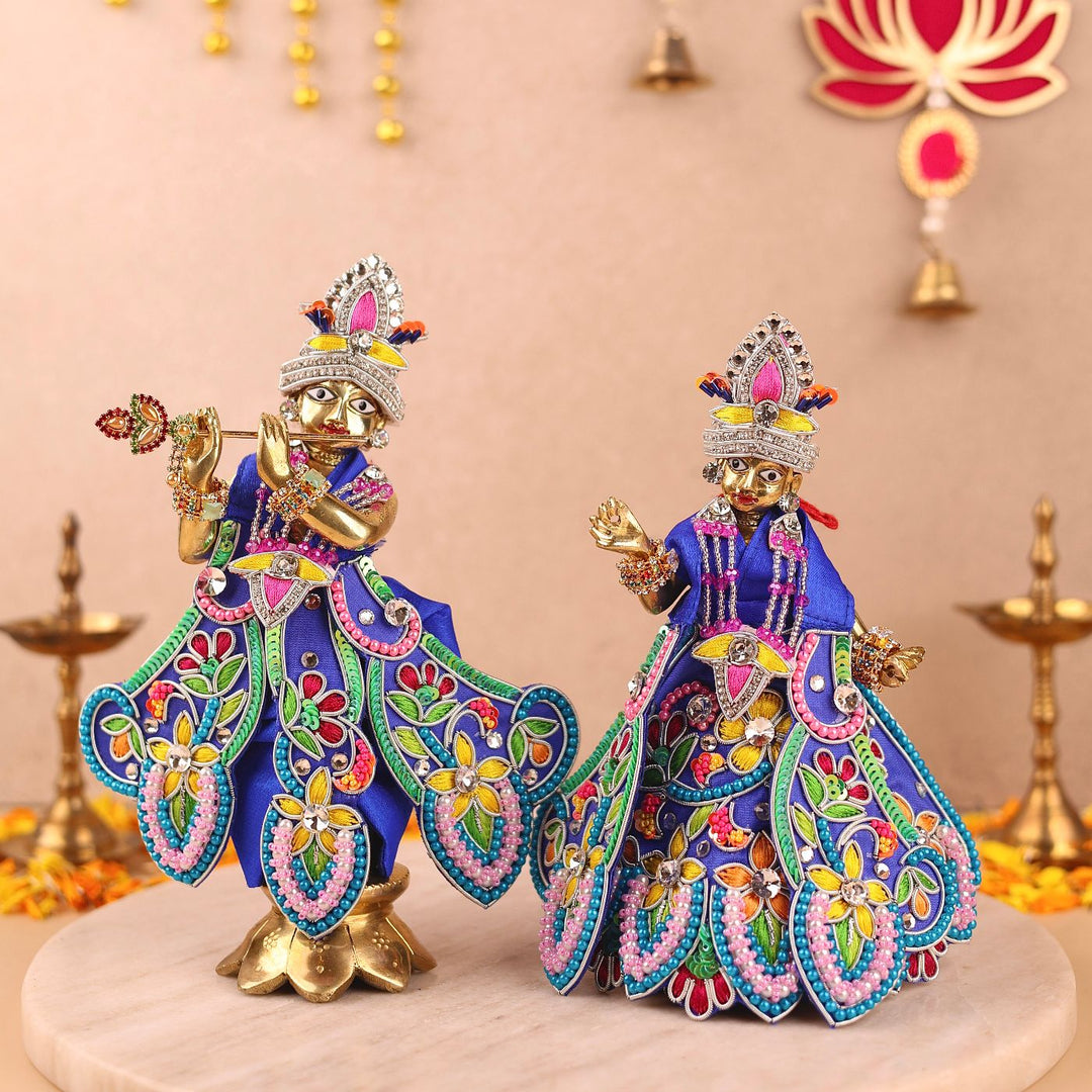 Hand Embroidered Zardozi Flower Design Art Silk Radha & Krishna Poshak (Dress)