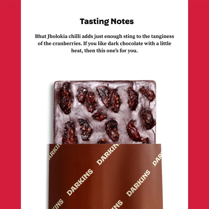 Vegan & Gluten Free | 70% Dark Chocolate with Cranberry & Bhut Jholokia Chilli