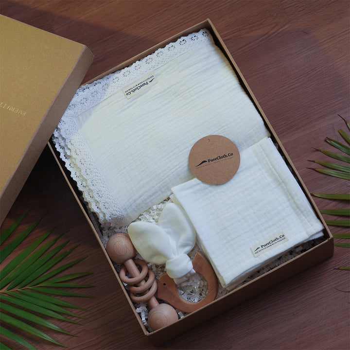 Little Nest Newborn Gift Hamper | Swaddle, Teether & Rattle