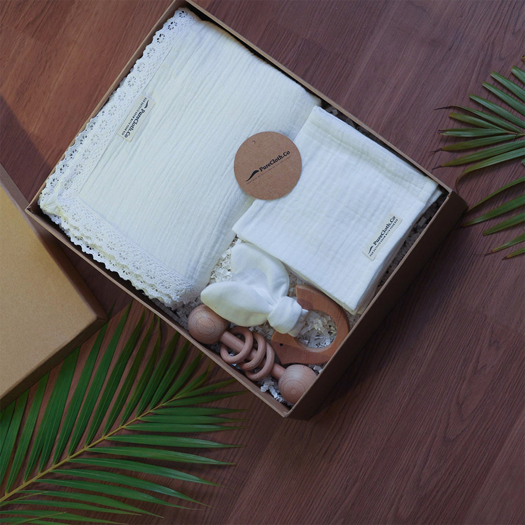 Little Nest Newborn Gift Hamper | Swaddle, Teether & Rattle