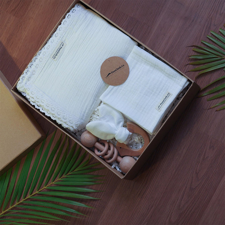 Little Nest Newborn Gift Hamper | Swaddle, Teether & Rattle