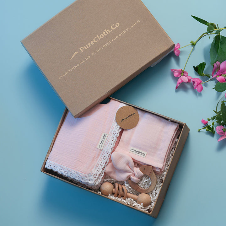 Little Nest Pink Newborn Gift Hamper | Swaddle, Teether & Rattle