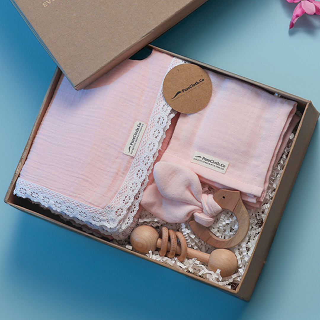 Little Nest Pink Newborn Gift Hamper | Swaddle, Teether & Rattle