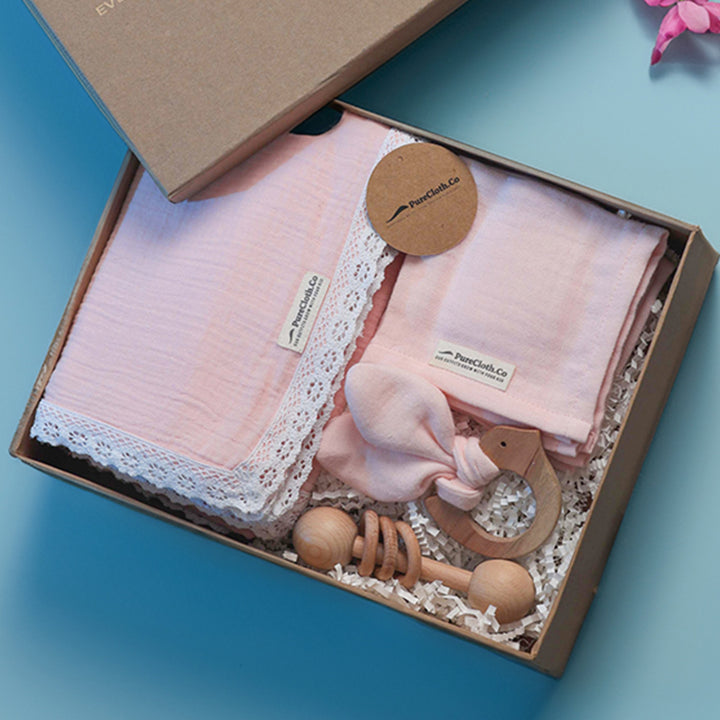 Little Nest Pink Newborn Gift Hamper | Swaddle, Teether & Rattle