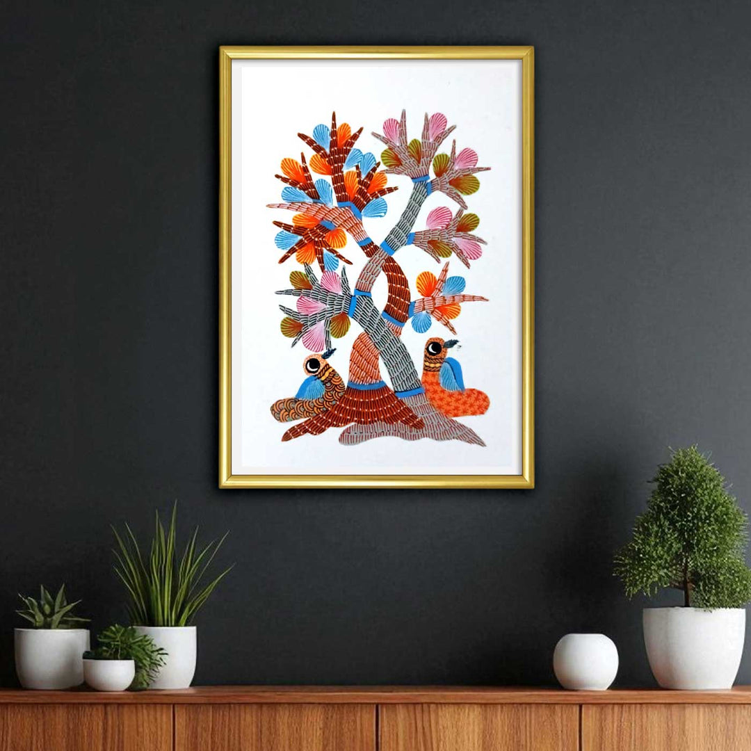6 x 8 Inch | Bird & Tree | Original Hand painted Tribal Gond Art Painting | Acrylic Paints On Paper