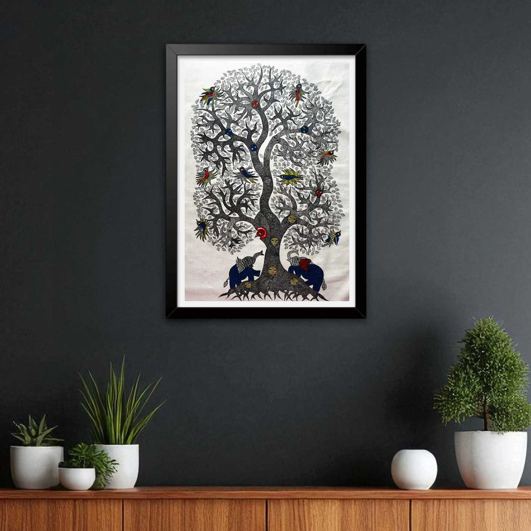 24 x 36 Inch | Elephant & Tree | Original Hand Painted Tribal Gond Art Painting | Acrylic Paints On Paper