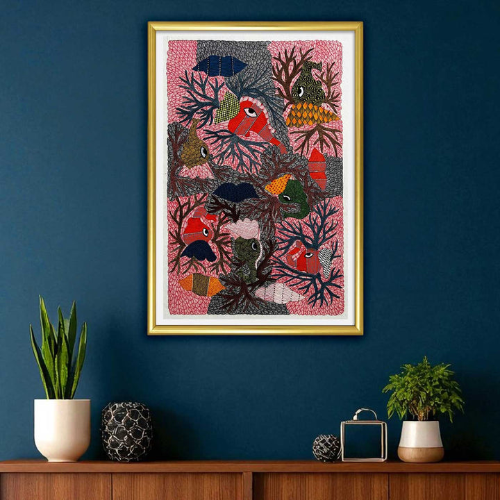 15 x 22 Inch | Fins and Branches | Original Hand Painted Tribal Gond Art Painting | Acrylic Paints On Paper