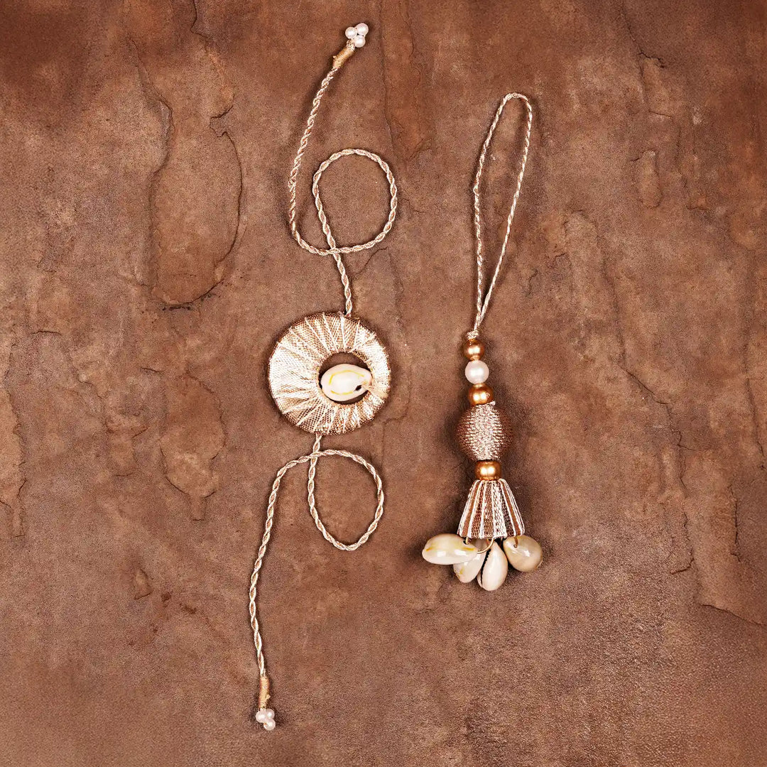Handmade Gota Patti And Shells Bhaiya Bhabhi Rakhi With Roli Chawal Set Of 2 - Top View Arrangement