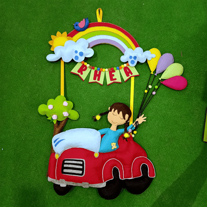 Handcrafted Personalized Rainbow & Car Themed Felt Name Plate