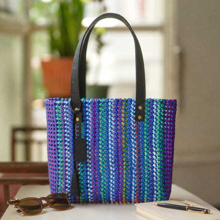 Handmade Vibrant Blue Vertical Striped Wire Koodai Tote Bag