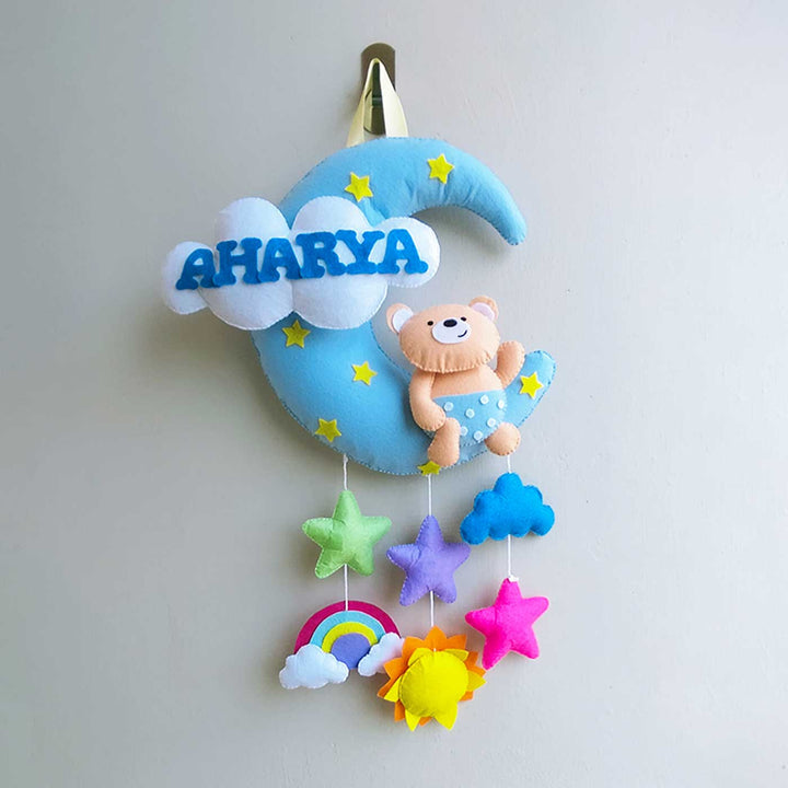Personalized Teddy On Moon Theme Felt Kids Name Plate