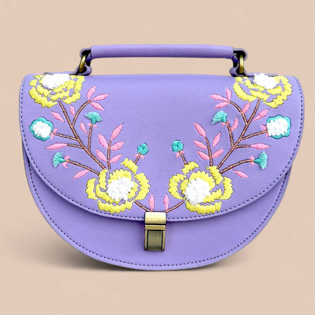 Handmade Embroidered Flower Design Purple Rexine Sling Bag