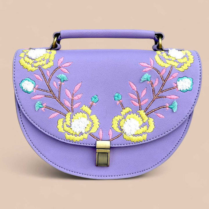 Handmade Embroidered Flower Design Purple Rexine Sling Bag