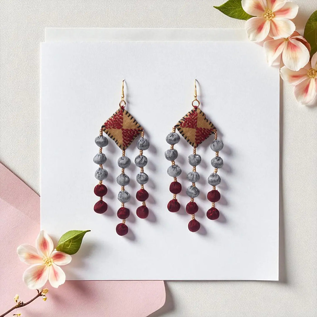 Handmade Textile Art Round Tassels Dupion Silk Fabric Earrings